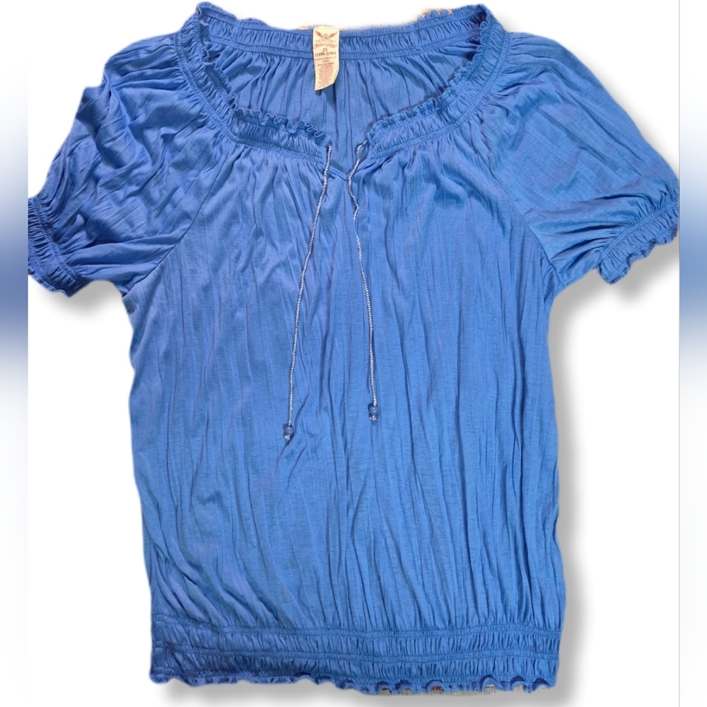 Faded Glory Plus Size Blue Short Sleeve Ruffled Baby Doll Blouse Top Sz.2X